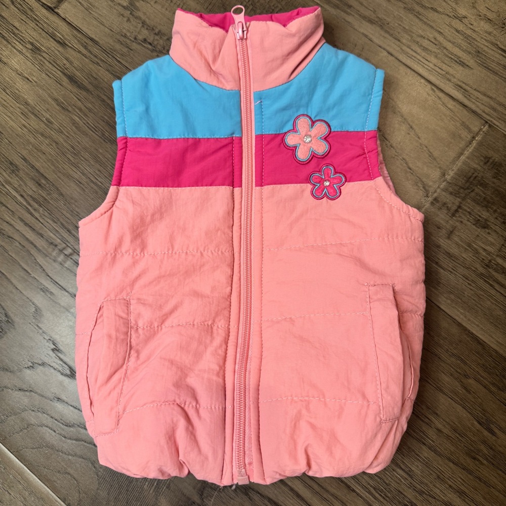 Sweet & Soft Puffer Vest Girls Pink Blue Flower Applique Sleeveless Size 24M‎